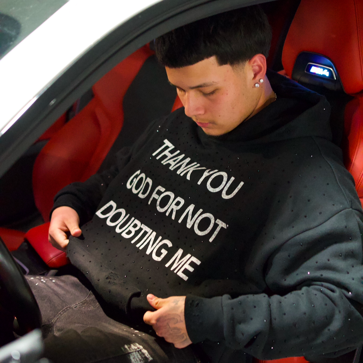 THANK YOU GOD FOR NOT DOUBTING ME Distressed Rhinestone Hoodie