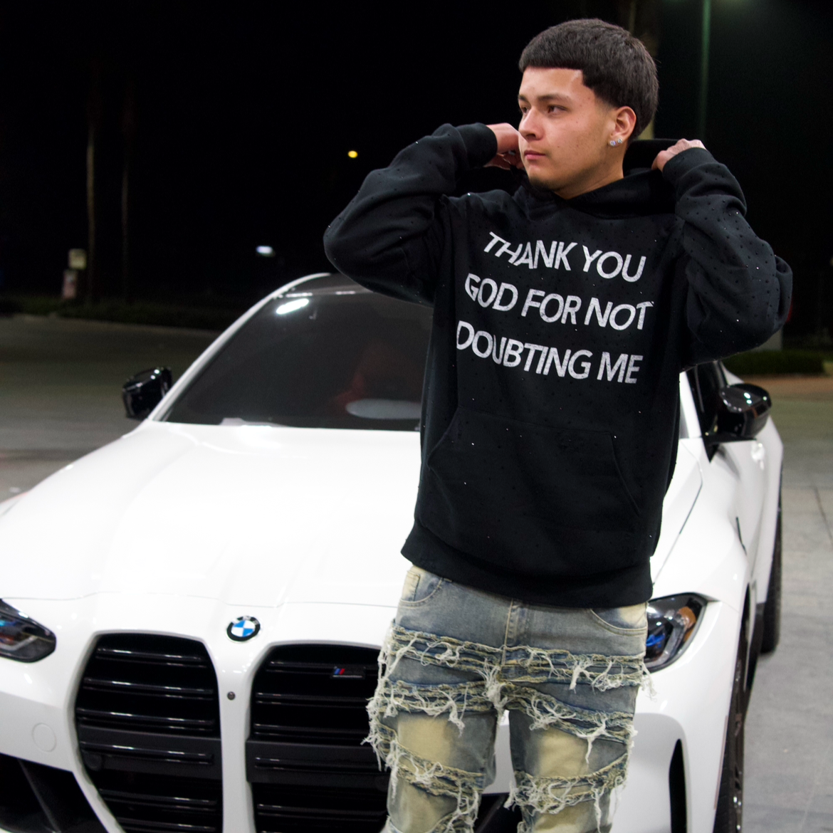 THANK YOU GOD FOR NOT DOUBTING ME Distressed Rhinestone Hoodie